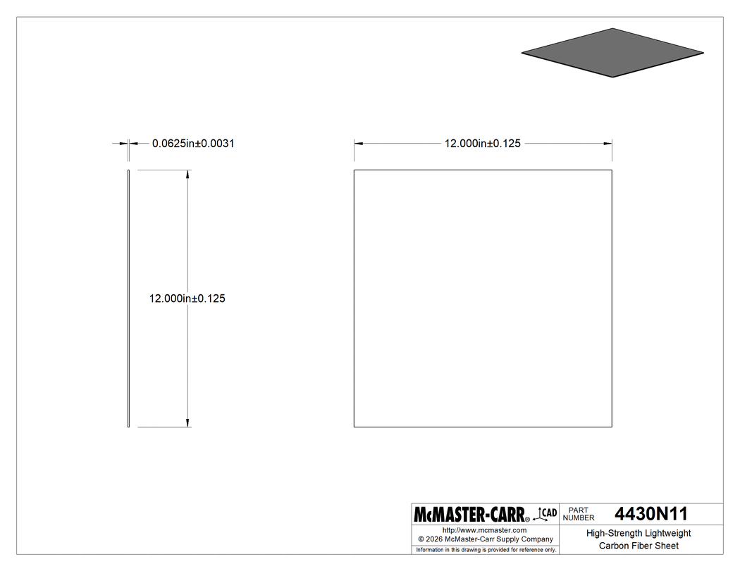 Technical Drawing of High-Strength Lightweight Carbon Fiber Sheet, Warp-Resistant, 12" X12" X1/16".